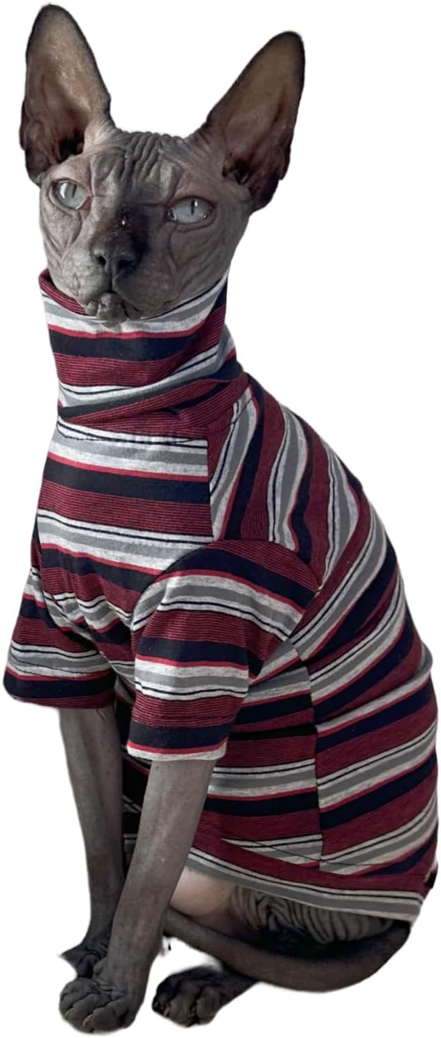Vintage Stripes Sphynx Hairless Cats Shirt Cotton Cat Turtleneck Pet Clothes Kitten T-Shirts with Sleeves for Sphynx Cats (Old School, Large)