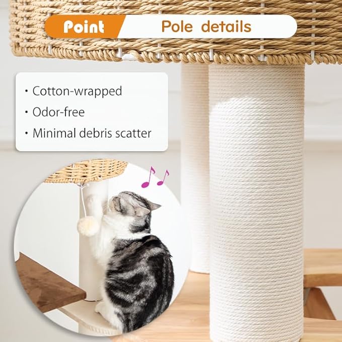 Wood Cat Tree for Large Cats, Modern Indoor Cat Tower with Basket Beds, Cat Condo & Clear Hammock, Multi-Level Wooden Cat Furniture for Home Living Room Decor (Particle Wood)