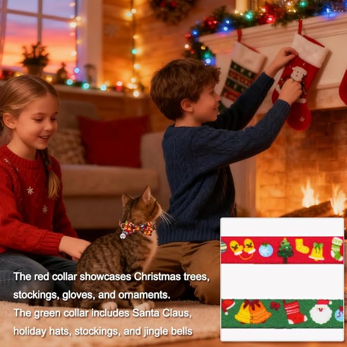 Christmas Cat Collar 2 Pack - Red & Green Breakaway Safety Collars with Bell and Bow Tie for Cats and Kittens