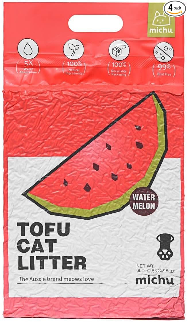 Michu Tofu Cat Litter Natural Clumping Tofu Cat Litter, Fast Clumping and Easily Scoop-able 5.5lb/88oz 5 Scents - Watermelon, 4 Pack