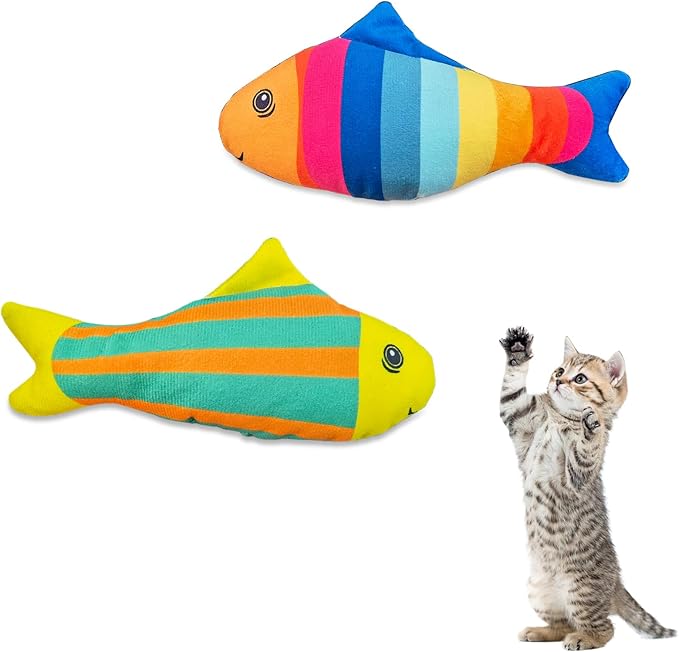 Andiker 2PCS Catnip Toys for Cats, Colorful Cat Fish Toys with Catnip Built-in Bells Soft Bite-Resistant Interactive Cat Toys for Indoor Cats Biting Chewing Reducing Boredom (Lines)