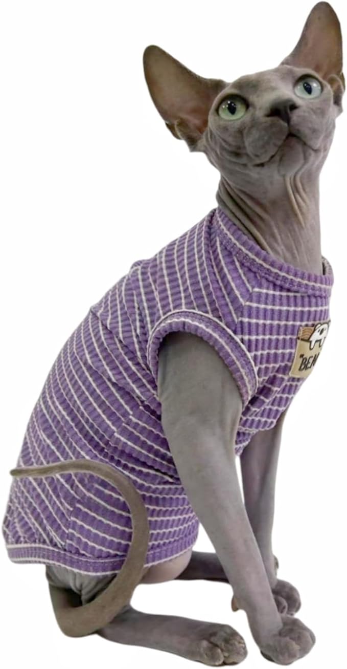 Sphynx Cat Clothes Vest for Hairless Cat, Rib Knit Stripe Cats T-Shirt Apparel, Kitten Summer Cotton Shirts Sleeveless for Cornish Rex, Devon Rex, Peterbald (Purple, XL (10-14 lbs))