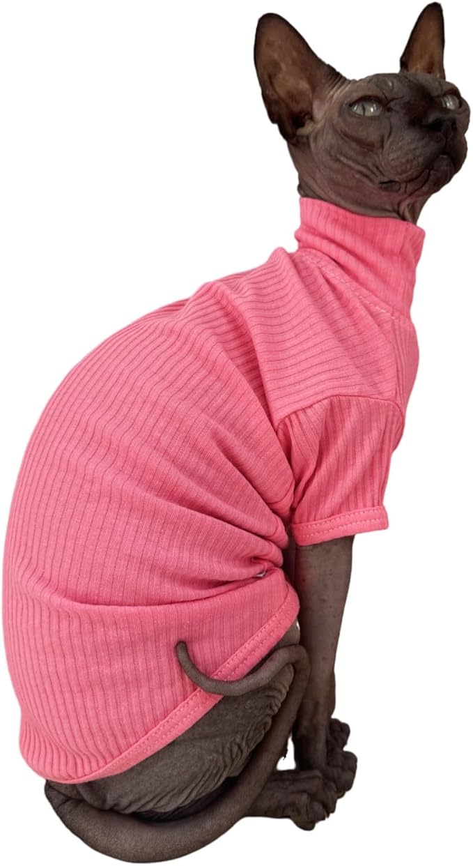 Sphynx Hairless Cats Shirt Cotton Cat Turtleneck Sweater Pullover Kitten T-Shirts with Sleeves Cat Pajamas Jumpsuit for Sphynx Cornish Rex, Devon Rex, Peterbald (Large (Pack of 1), Rosey Pink)
