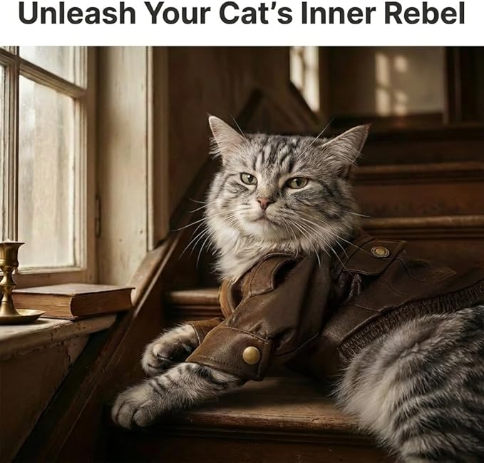 Cat Leather Jacket Motorcycle Style Pet Coat with Metal Buttons Shoulder Straps for Cats Small Dogs Warm Fall Winter Outfit (M)