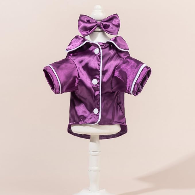 Cat Puppy Costume Elegant Satin Pajamas with Bow Headband 2PCs Set Pet Sleepwear Cute Pet Outfit Cosplay Partywear Photoshoots (Purple Set,Large)