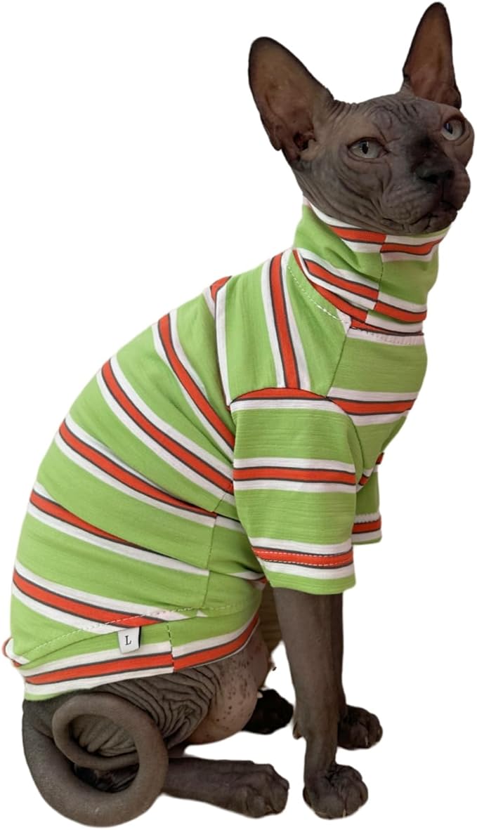 Vintage Stripes Sphynx Hairless Cats Shirt Cotton Cat Turtleneck Pet Clothes Kitten T-Shirts with Sleeves for Sphynx Cornish Rex, Devon Rex, Peterbald (Orange & Green, Medium (Pack of 1))