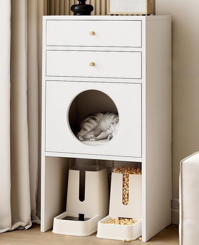 Multi-Function Cat House Furniture, Solid Wood Cat Condo with Storage Drawer, Pet Bed & Feeding Area, Compact Cat Cabinet (White,19.6" L*15.7" W*41.3" H)