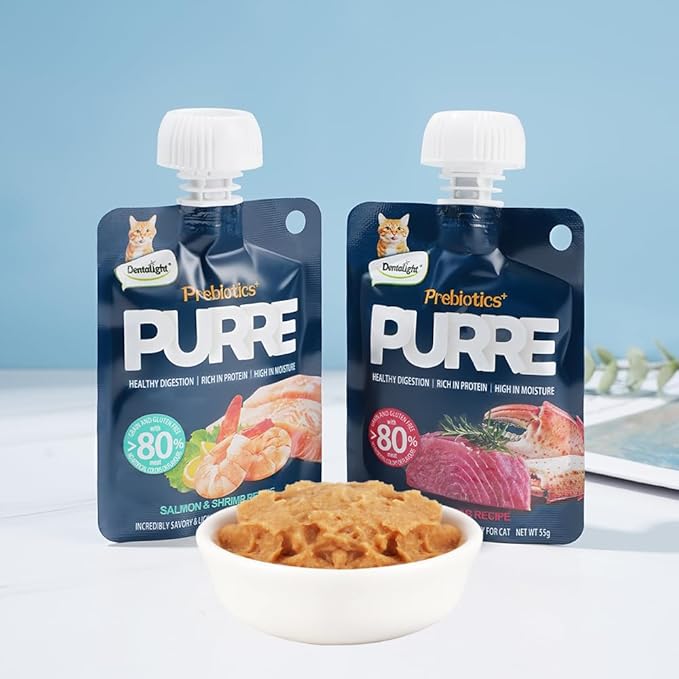 Prebiotics Purre Lickable Wet Cat Treat, Tuna & Crab Recipe, High in Probiotics, Calcium and Fish Oil, No Additives, (55gx2, 2 Flavors)