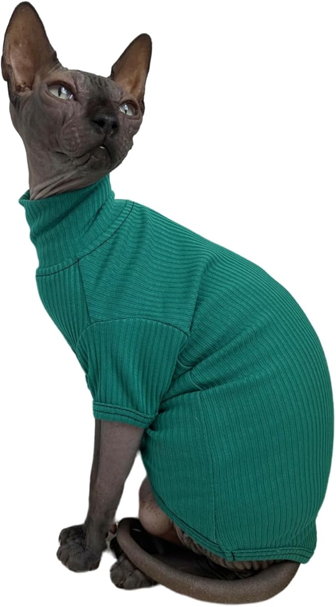 Sphynx Hairless Cats Shirt Cotton Cat Turtleneck Sweater Pullover Kitten T-Shirts with Sleeves Cat Pajamas Jumpsuit for Sphynx (Medium (Pack of 1), Peacock Green)