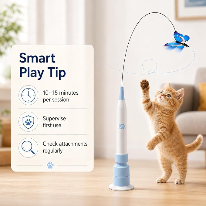 Rechargeable Butterfly Cat Toy for Indoor Cats, Electric Cat Wand with Suction Cup Base, 2 Play Modes, Self-Play & Handheld Cat Wand with 5 Cloth-Buckle Butterfly Refills, Blue