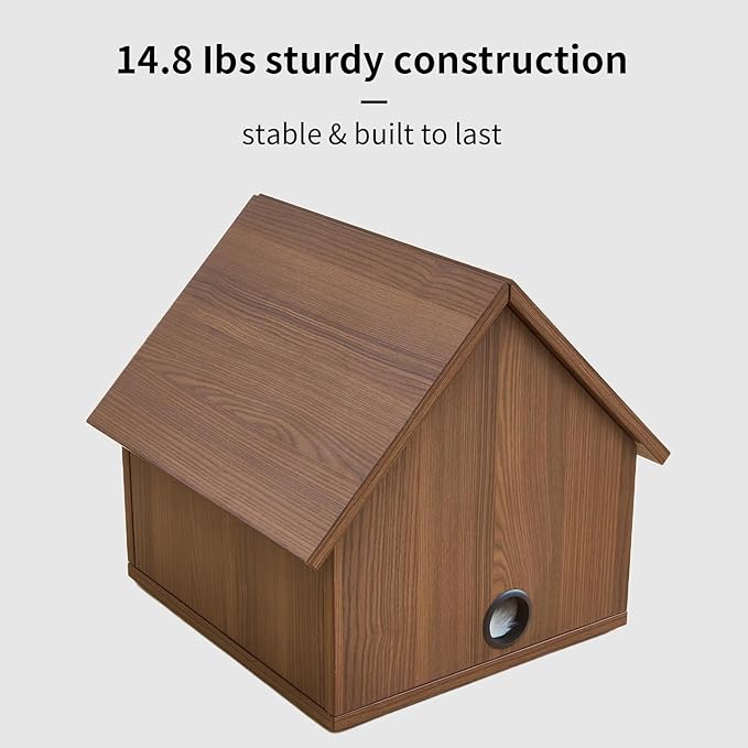 Cat House for Indoor Cats - Modern Wooden Covered Cat Cave Bed, Sturdy & Durable Cat Hideaway Hanging Ball Toy & Warm Plush Mat Included, Easy Video Assembly.