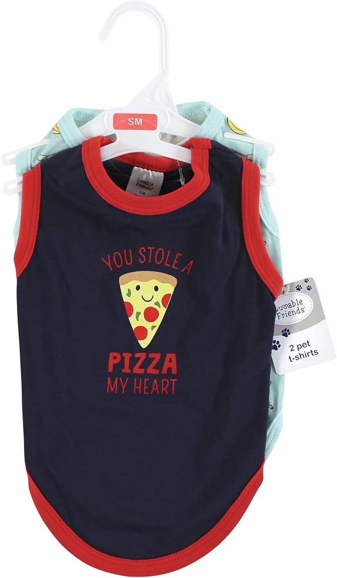 Luvable Friends Dog Pet Dog and Cats Cotton T-Shirts 2pk, Pizza Bananas, Medium