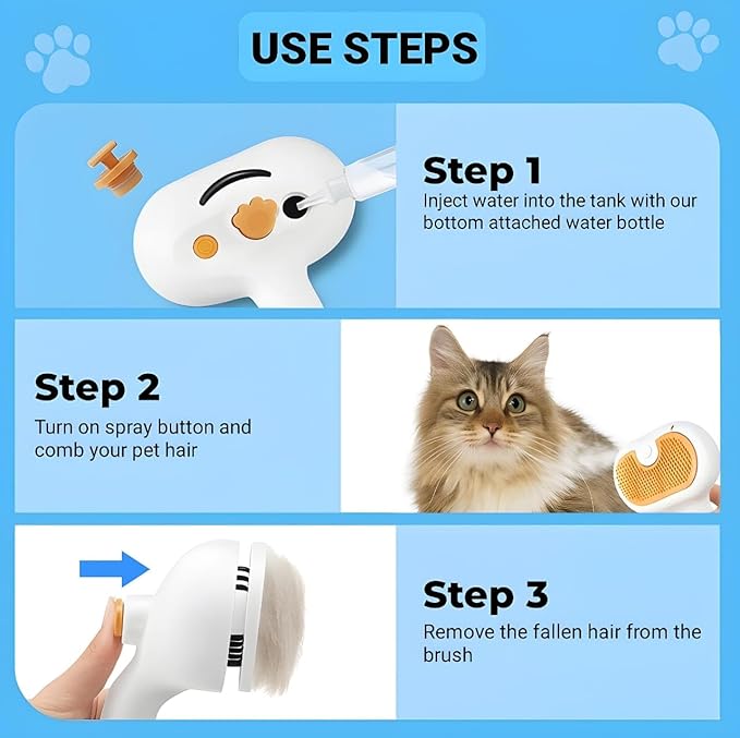 3-in-1 Pet Steam Brush for Dogs & Cats – Gentle Grooming Comb with Spray & Waterless Shampoo – Fur Shedding, Hair Removal, Dematting & Detangling Tool – Portable Steam Cleaner for Long or Short Hair