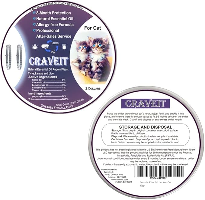 Craveit Cat Flea Collar, 2 Pack Flea Collar for Cats, Gentle Plant-Based Tick Repellent for cat, Waterproof & Adjustable, 8-Month Long-Lasting Defense