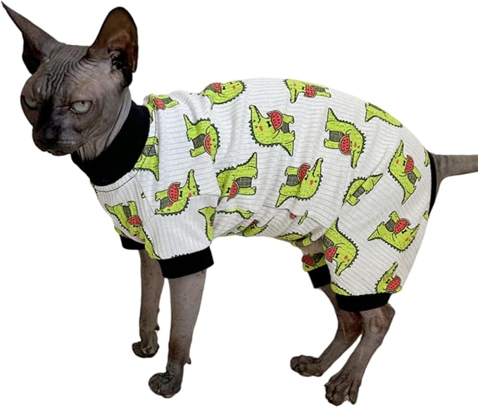Sphynx Cat Four Leg Cotton Pajamas Elastic Pet Clothes for Hairless Cats Surgery Recovery Suit Undershirt Clothes for Sphynx, Devon, Cornish (Crocodile, M)