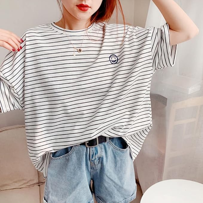 Matching Dog and Owner Clothes,White Striped Women Shirt Short Sleeve,Cotton Women Summer Shirt Crewneck,Casual Summer Tops Loose Fit(Owner S)