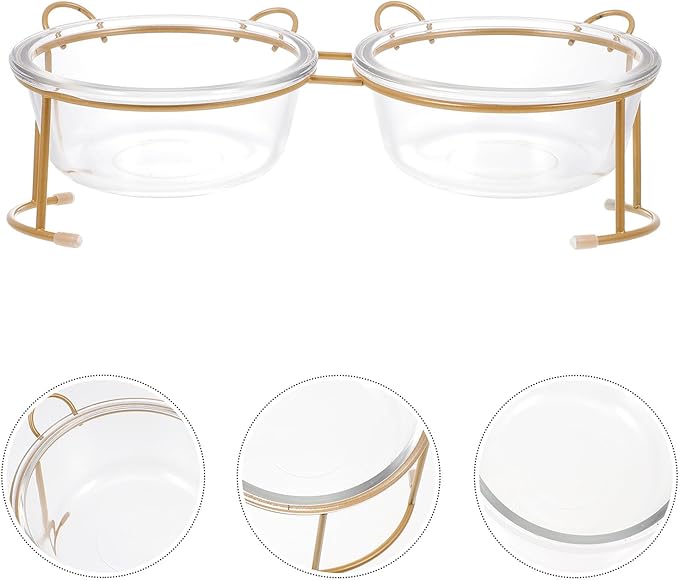 LALAFINA Glass Cat Bowl and Raised Dog Food Bowl Set with Bright Gold Stand for Indoor Feeding and Watering Suitable for Cats and Dogs in Household Use