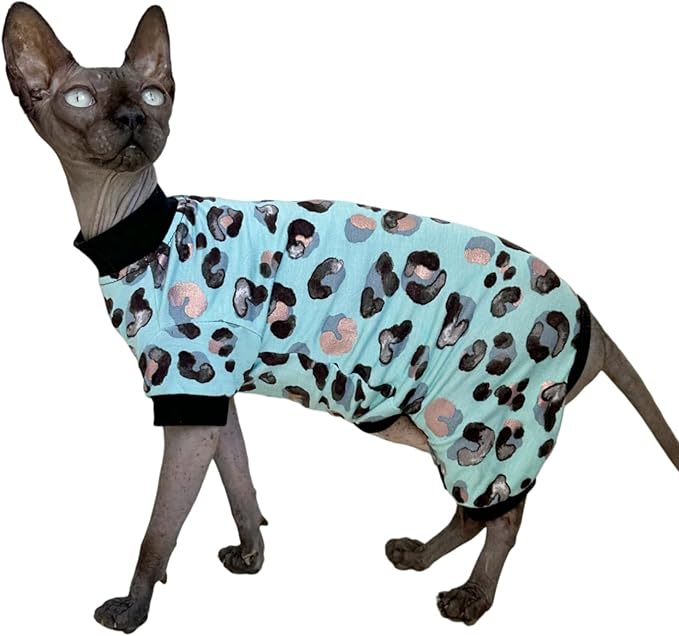 Sphynx Cat Four Leg Cotton Pajamas Elastic Pet Clothes for Hairless Cats Surgery Recovery Suit Undershirt Thermal Clothes for Sphynx, Devon, Cornish (Mint Leopard, S)