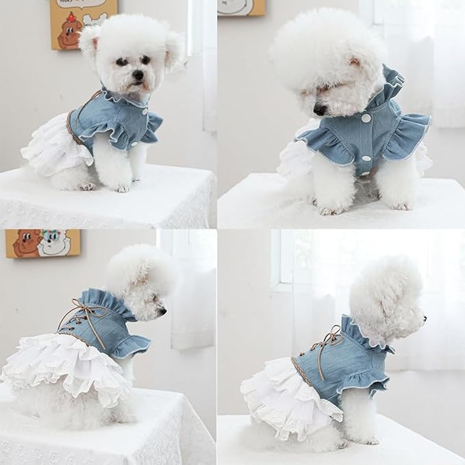 Dog Denim Dress for Small Dogs and Cats, Flared Sleeves Retro Cake Skirt Puppy Clothes, Elegant Pet Apparel for Daily Wear, Parties, Photo Shoots (Blue-Denim, X-Small)