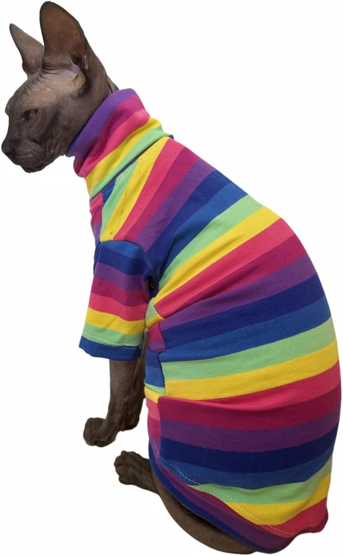 Vintage Stripes Sphynx Hairless Cats Shirt Cotton Cat Turtleneck Pet Clothes Kitten T-Shirts with Sleeves for Sphynx Cornish Rex, Devon Rex, Peterbald (Rainbow Stripe, X-Small (Pack of 1))