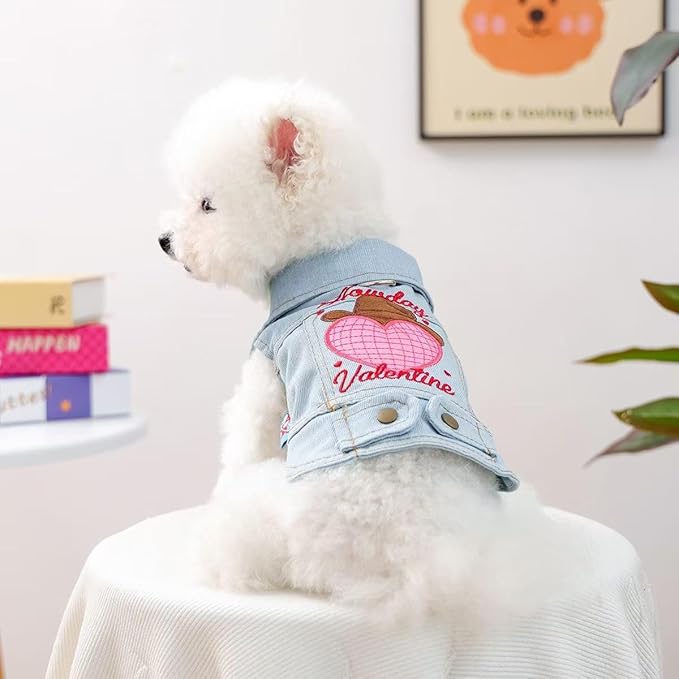 Valentine Denim Dog Jacket for Small Dogs Cats, Cute Cowboy Heart Embroidered Pet Vest with D-Ring for Leash, Lightweight Puppy Outfit for Daily Wear & Holidays(S)