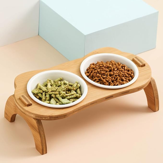 Raised Double Pet Feeding Bowls Wooden Stand, High Base Cat Food Feeder and Water Dish Set, Tilted Design for Spinal Protection, White Elevated Bowls for Cats and Puppies