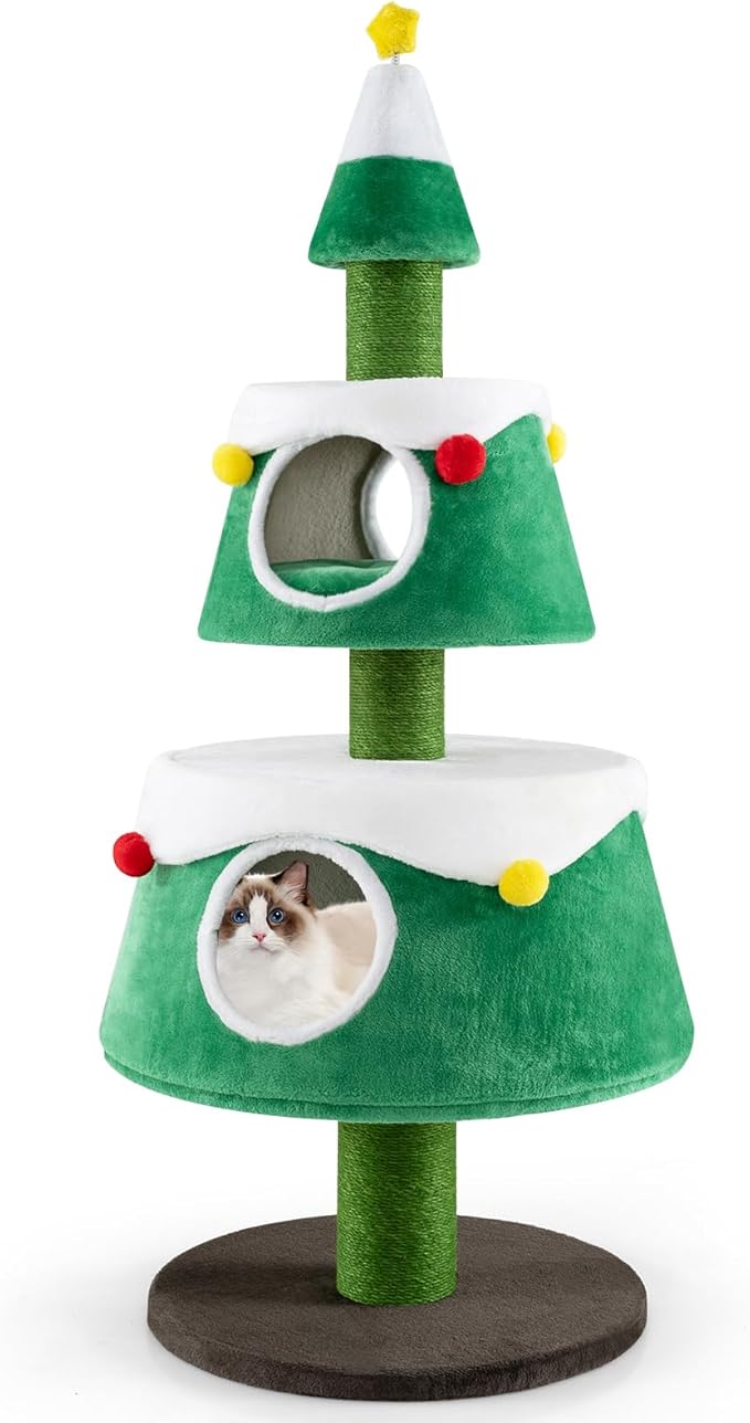 Dreamade 60" Christmas Cat Tower with 2-Level Cat Condos, Premium Scratching Posts,Star Design, Play Center for Kittens, Festive Cat Hideaway Furniture, Green