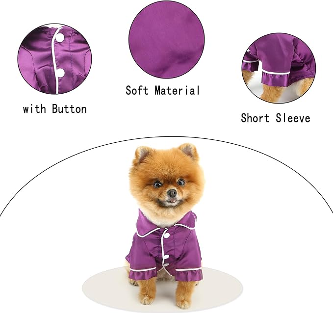 PAIDEFUL Soft Faux Silk Sleepwear for Small Dogs Cats Lapel Doggie Loungewear Lightweight Breathable Puppy Pajamas PJS Two-Legged Pet Shirt Clothes Summer Spring Chihuahua Apparel Button Up,Purple,M