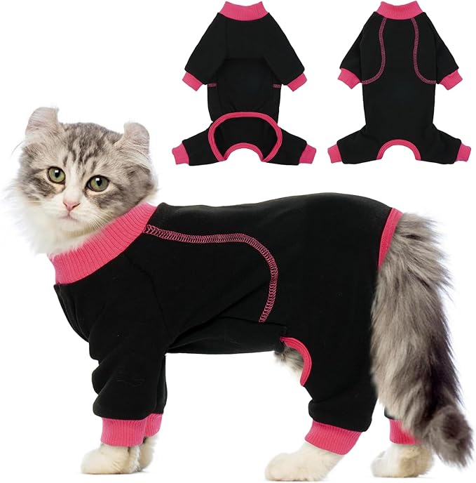 QBLEEV Sticky Hair Cat Clothes, Soft Cat Pajamas for Cats Only, Prevent Lost Fur Kitten Sweater Onesie, Stretchy Recovery Suit for Female Male Cats After Surgery Daily Wear, Black, XL
