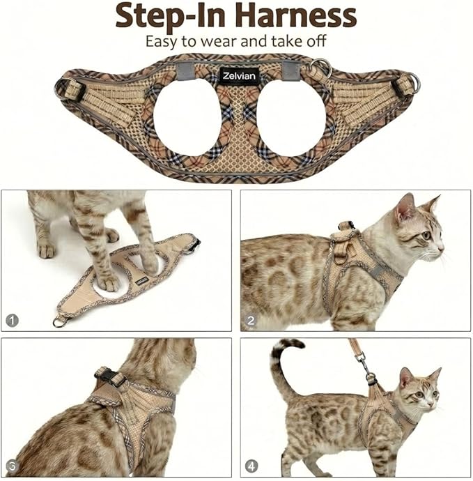 Cat Harness and Leash Set for Walking, Escape Proof Adjustable Soft Mesh Kitten Harness with Reflective Strips, Breathable No-Choke Pet Vest for Large Cats or Small Dogs(Beige,L)