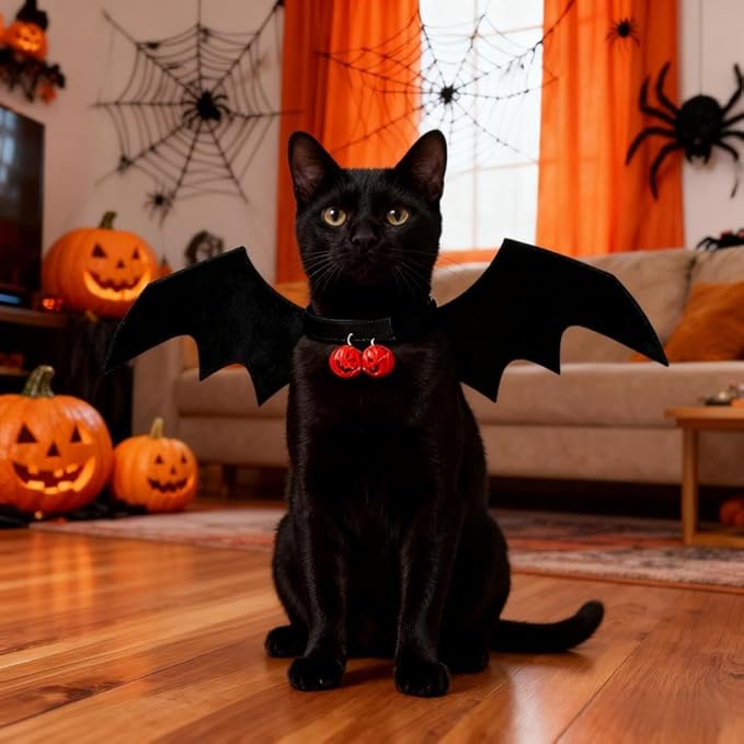 Upgraded Cat Halloween Costume Bat Wings with Pumpkin Bells - Premium Pet Apparel for Cats & Small Dogs, Adjustable Bat Wing Costume for Halloween Party, Christmas, Birthday Cosplay Dress Up