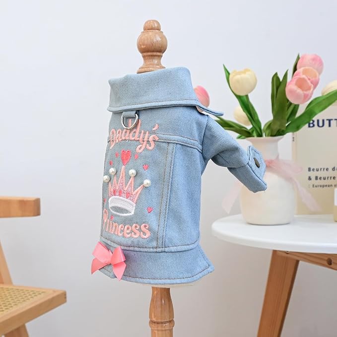 Denim Dog Jacket for Small Dogs & Cats, “Daddy’s Princess” Embroidered Pet Coat with Pearls & Bow, Light Blue Jean Outfit with D-Ring, Cute Apparel for Walks, Photos, Parties & Holidays(M)