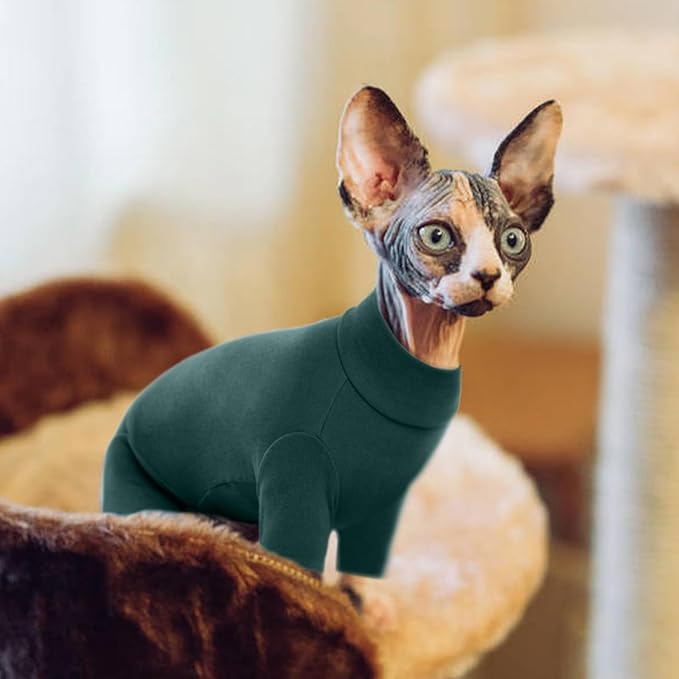 ROZKITCH Hairless Cat Clothes, Breathable Soft Jumpers for Cats Only, Coat with Four Legs, Warm Sweater T-Shirt Cat Pajamas Jumpsuit Vest Cornish Rex Devon Rex Peterbald DarkGreen 2XL