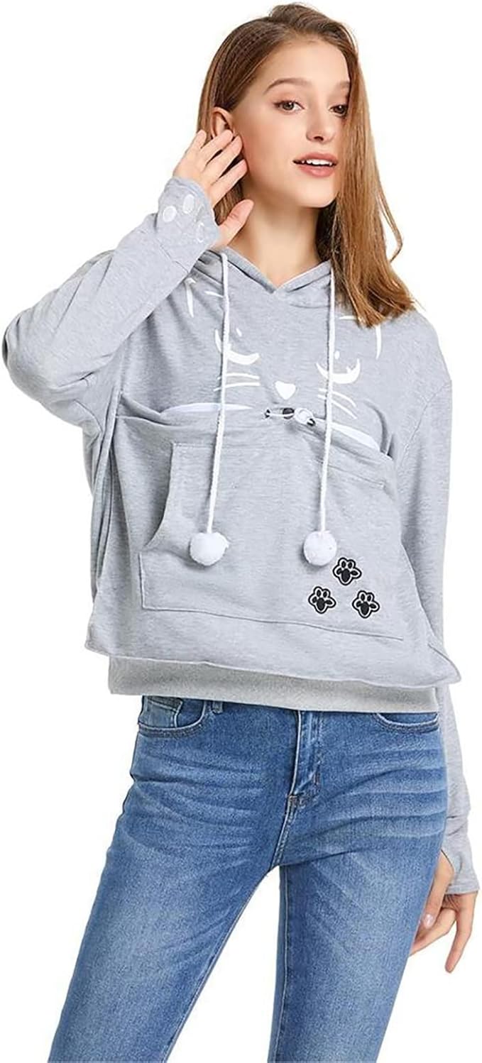 ALYC Unisex Hoodies Pet Holder Cat Dog Kangaroo Pouch Carries Pullover with Cat Printing Sweatshirt (Light Grey, L)