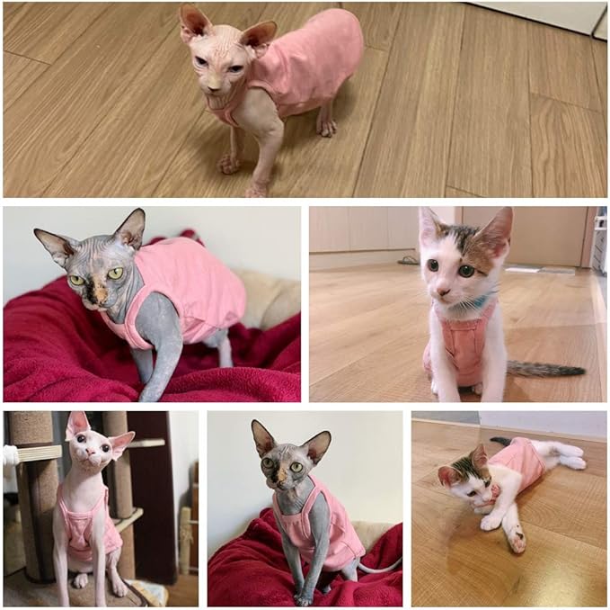 Hairless Cats Solid Cotton Camisole, Breathable Summer Tank Tops for Sphynx, Cornish Rex, Devon Rex, Peterbald, Cat Wear Hairless Cat Clothes Soft Skin-Friendly Cats Apparel Assorted Colors and Sizes
