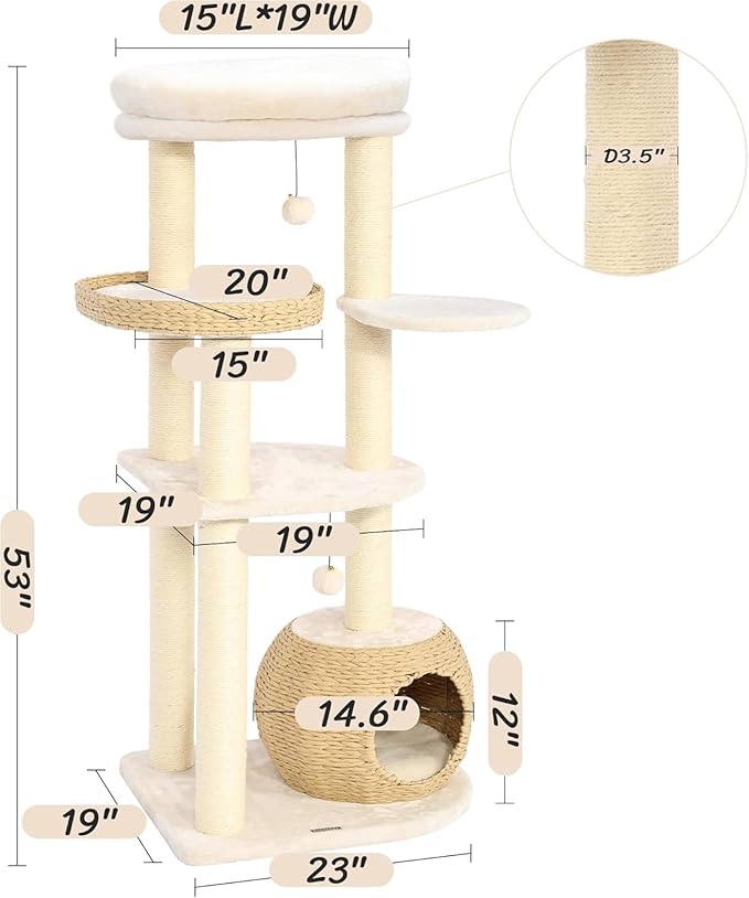 KAMABOKO Modern Solid Wood Cat Tree 53 Inch, Natural Sisal Scratching Posts Cat Tower for Indoor Cats, Cat Condo with Top Perch, Stable Wooden Cat Tree for Large Cats