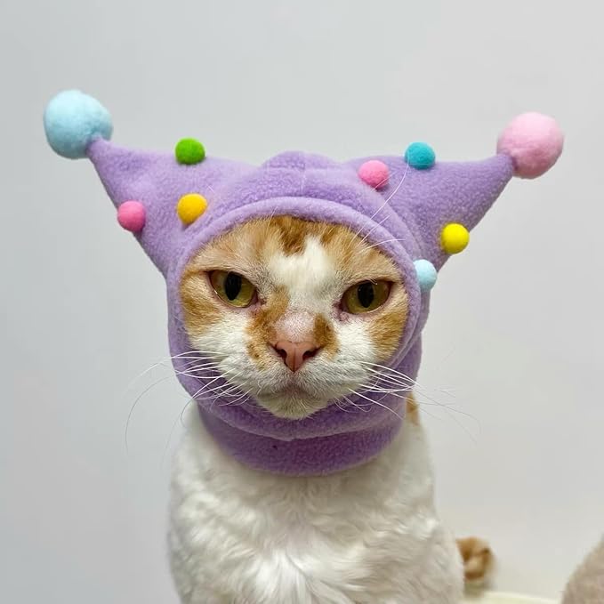 Cat Fleece Funny Hats with pom-poms, Cats Warm Hats with Adjustable Straps, Halloween Costume Hats for Cats, Headwear for Cats Birthday (Purple, L(Face Circle 10-11''))