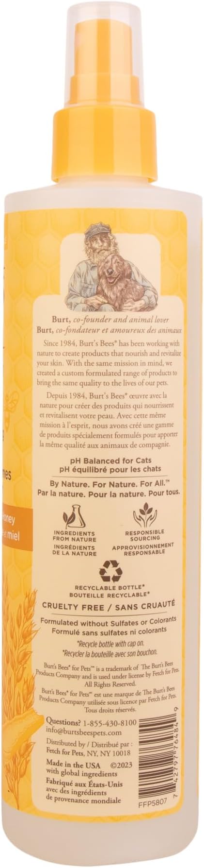 Burt's Bees for Pets Cat Dander Reducing Spray with Colloidal Oat Flour and Honey, Waterless Grooming Spray for Dry Skin & Dandruff Control, Cat Dander Remover for Allergy Support, 10 Fl Oz - 2 Pk