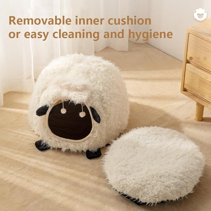 LYFJMUS Mushroom Cat Bed Chocolate Cookie Cat Beds for Indoor Cats Mushroom Cow Shape Cat Cave Bed Cat Tent with Removable & Washable Cushion Pillow Cat House Bed for Cats Small Dogs ﻿ (White Sheep)