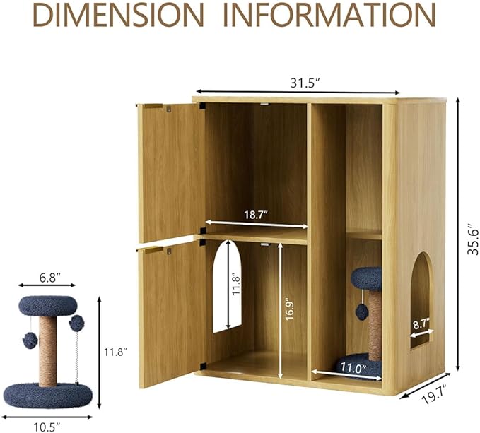 31.5" Cat Litter Box Enclosure Furniture, Fluted Hidden Litter Box Cabinet with Storage Shelf & Scratching Post, Wooden Cat House Side Table with Dual Entry Doors for Indoor Cats, Natural,Natural