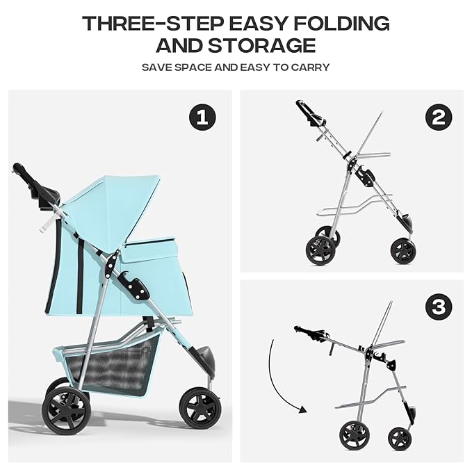 Cat Dog Stroller,3-Wheels Pet Stroller for Medium/Puppy Dogs 30 Lbs, with Storage Basket and Cup Holder, Breathable Mesh Mint