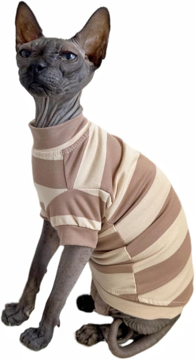 Sphynx Cat Clothes Shirts for Hairless Cat, Wide Stripe Cats Apparel, Kitten Summer Cotton T-Shirts with Sleeves for Cornish Rex, Devon Rex, Peterbald (Coffee, Large)