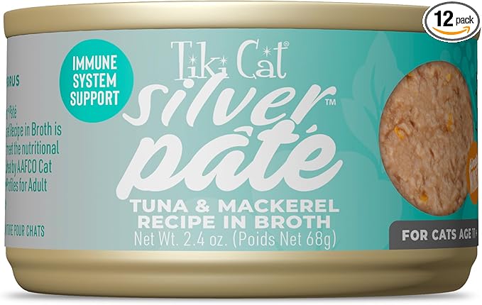 Tiki Cat Silver Pate Wet Cat Food, Tuna & Mackerel Recipe in Broth, 2.4 oz. Can (12 Count)