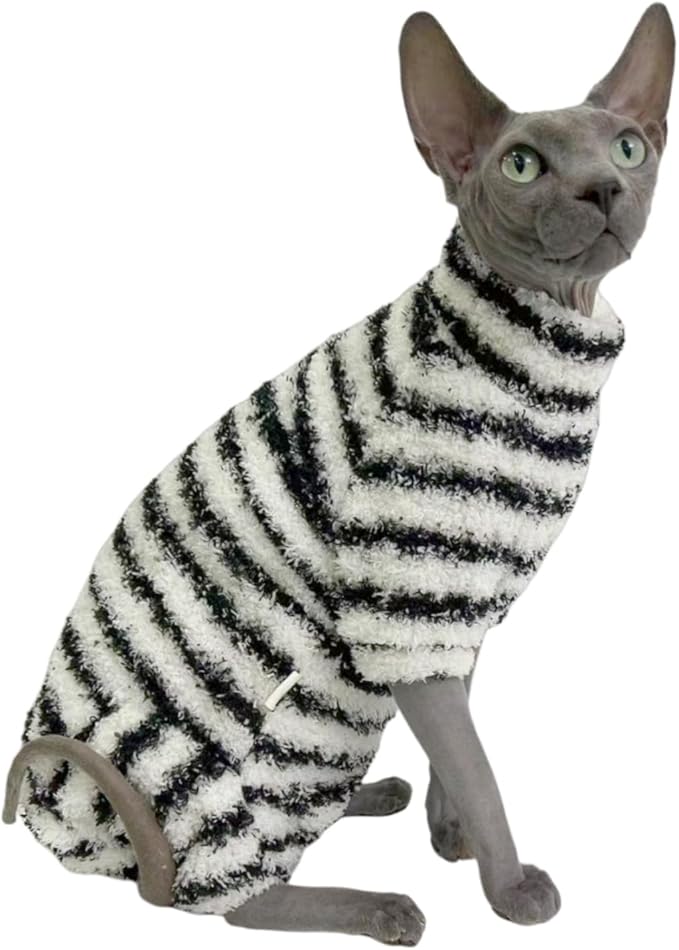 Sphynx Cat Clothes Four Leg Fleece Pajamas Super Soft Elastic Pet Clothes for Hairless Cat Surgery Recovery Suit Cat for Sphynx Devon Cornish (Black White Stripe, Small)