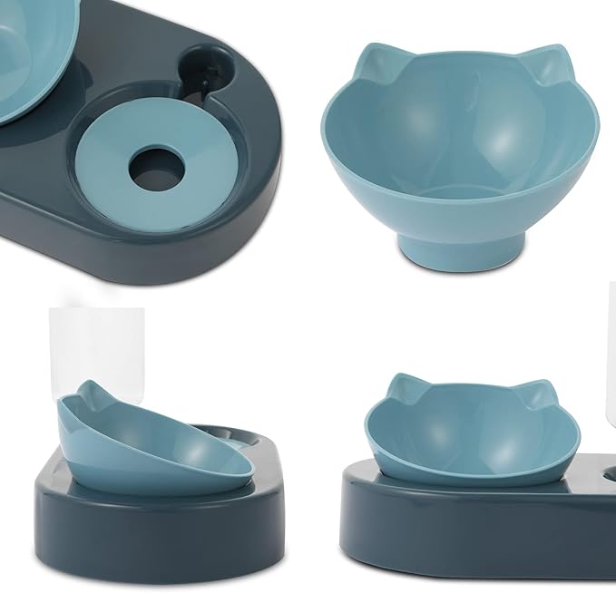 Cat Bowl, Feeding & Watering Supplies for Cats, Cat Food Bowls with 0-15°Adjustable Tilted, Gravity Water,Pet Food Bowl for Cats and Small Dogs, Blue