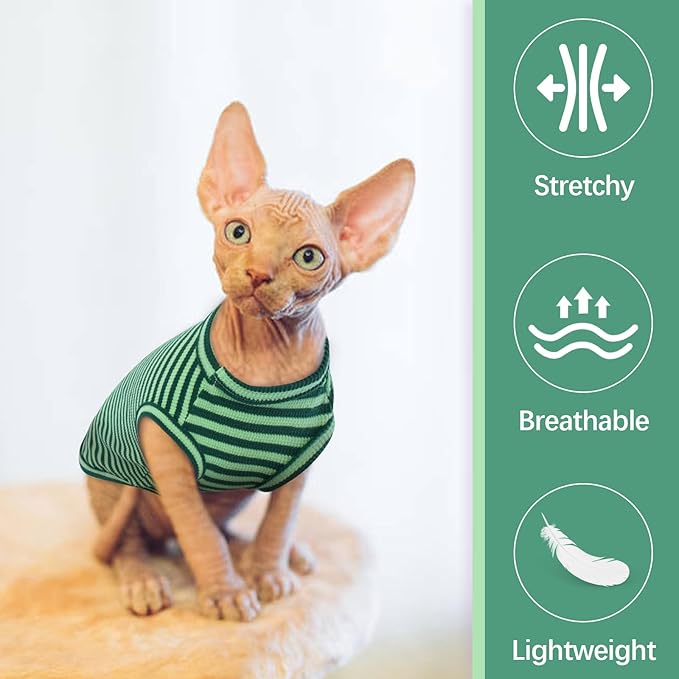 Sphynx Cat Clothes, Breathable Hairless Cat Shirts, Stripe Kitten T-Shirts Sleeveless, Pullover Cat Sweaters, Pet Summer Apparel for Sphynx, Cornish Rex, Devon Rex, Peterbald, Small Dogs