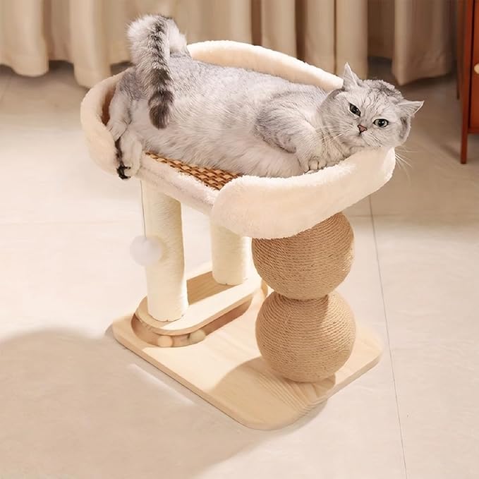 Modern Solid Wood Pet Cat Climbing Tree Tower with Sisal Ball Cooling Mat Cat Scratching Posts Wear Resist Integrated Sisal Bed Pet Climbing Frame Indoor for Summer (16.38X15.21X11.31 inch)