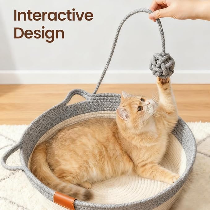 Cotton Rope Woven Cat Basket, Pets Hand Woven Cotton Bed Basket, Round Cat Sleeping Nest with Built-in Scratching Pad and Play Ball for Cats and Dogs All-Season (Green-A, Medium)