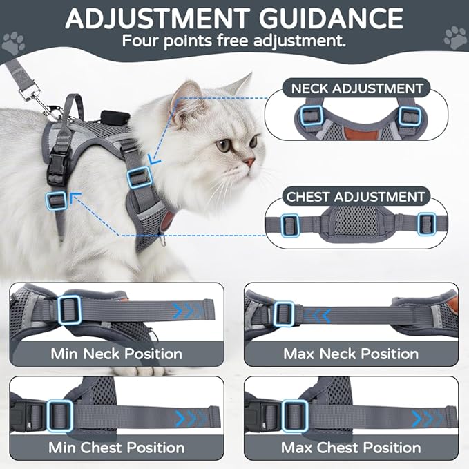 Cat Harness and Leash Set with Holder Compatible with AirTag, Escape Proof Kitten Harness with Lead for Small Cats, Soft Mesh Puppy Jacket Vest for Outdoor Walking, Reflective & Adjustable, Grey, S
