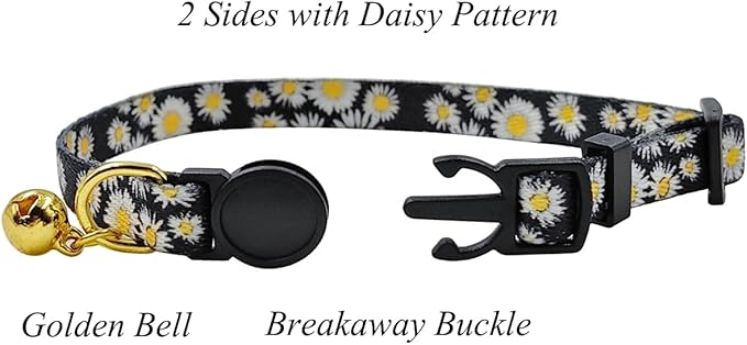 Breakaway Cat Collar, Floral Pattern, Safe Release Buckle, Clear Bell, Polyester Material, for Adult Cats.(Black Daisy)